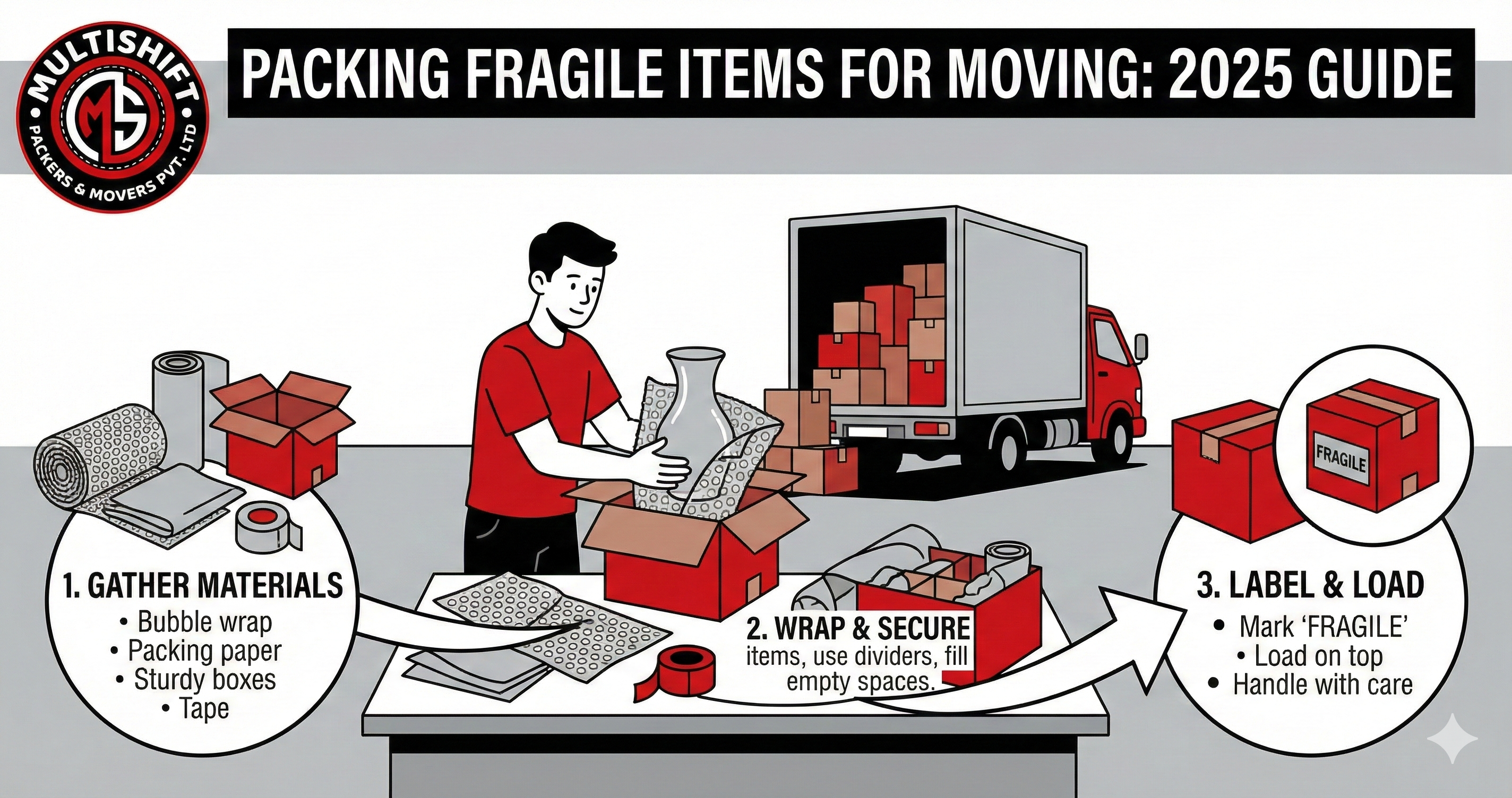 Glassware and fragile items safely packed in boxes